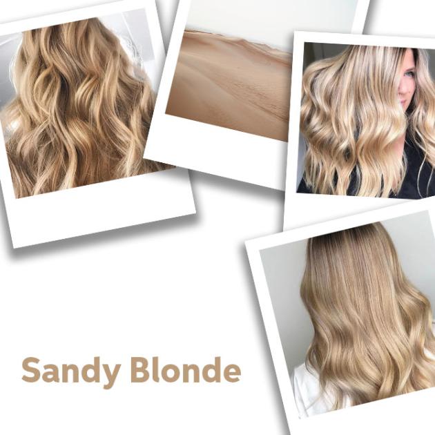 Collage of sandy blonde hair color ideas.