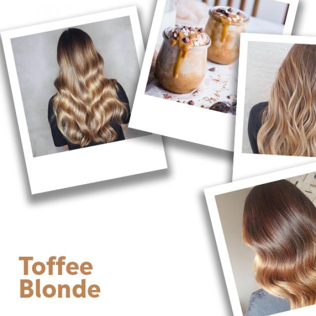Polaroid photo collage of women with toffee blonde hair styled with loose waves