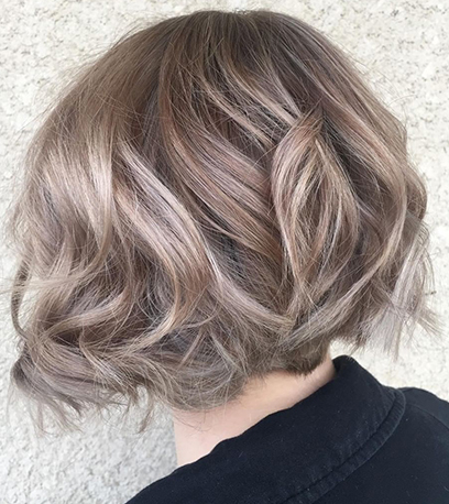 Back of woman’s head with silver balayage bob, created using Wella Professionals.
