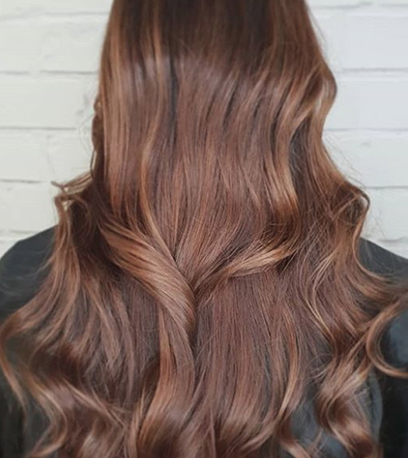 Back of a person's head. They have long, wavy brown hair with chocolate highlights