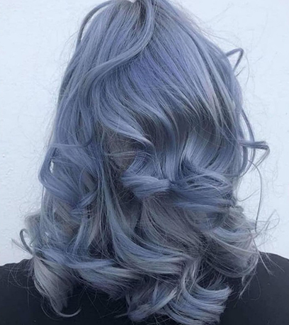 Slate blue hair, created using Wella Professionals