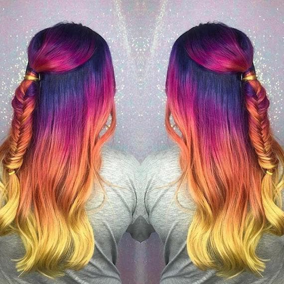 Model with ombre hair in pink, purple, orange and yellow created with Color Fresh Create