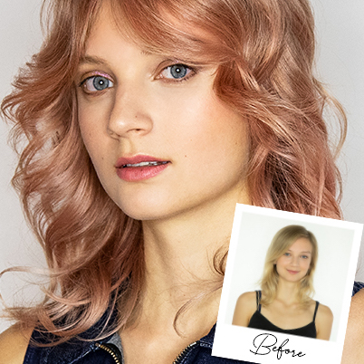 Model with wavy, rose gold hair, created using Wella Professionals. 