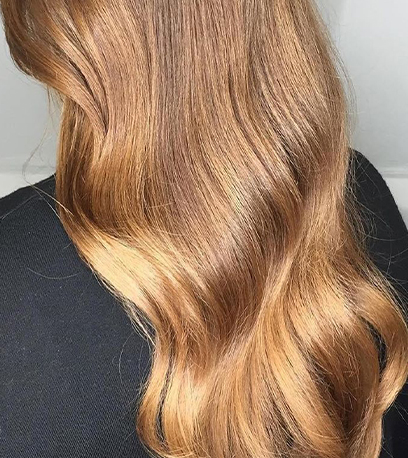 Back of woman’s head with very long, wavy, golden brown sombre hair, created using Wella Professionals.